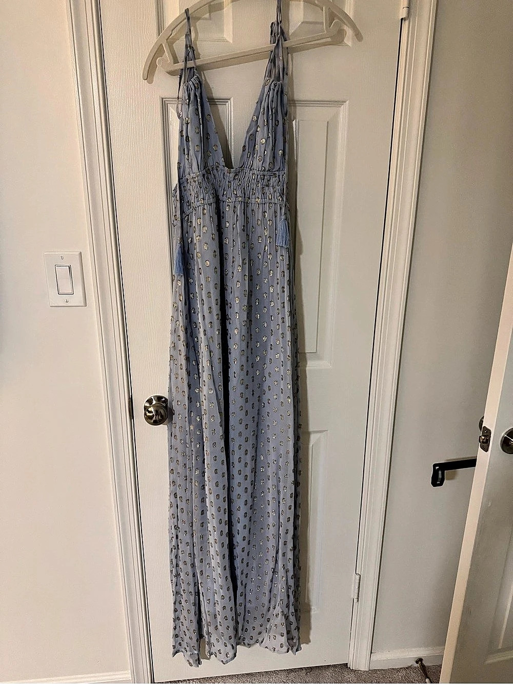 Vici  Blue & Gold Polka Dot Maxi Dress Size Small Like New
